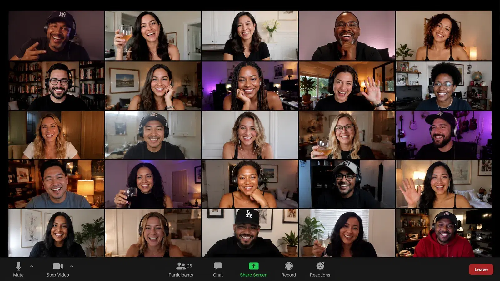 Twenty-five guests smiling on a video call during a virtual celebration