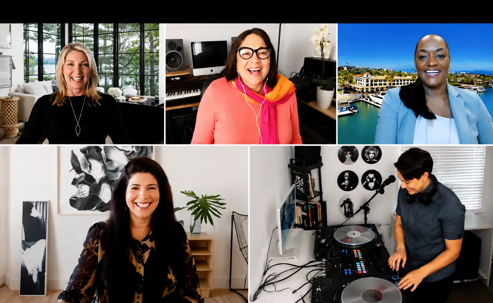 Guests smiling on a video call while DJ Keelez mixes live during a virtual event